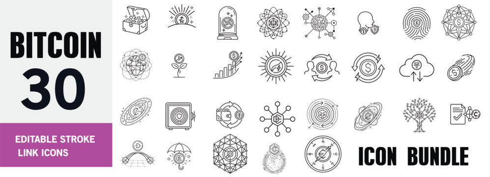 Premium Bitcoin & Cryptocurrency Editable Stroke Icons Set &ndash; Blockchain, Digital Wallet, Crypto Finance, DeFi and Web3 Outline Vector Collection