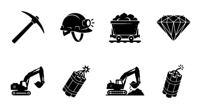 Mining Icons Set: Pickaxe, Hard Hat, Coal Cart, Diamond, Excavator, Dynamite, Vector Graphics