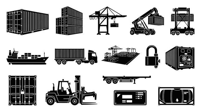 Shipping Containers and Port Equipment Icons - Black  White Glyph Art