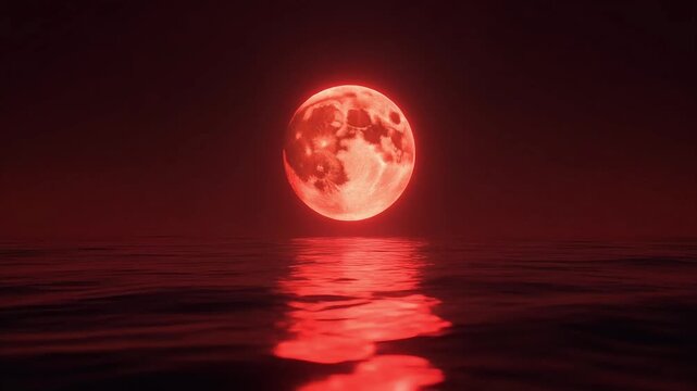  A tranquil Ashura remembrance a glowing red full moon, calm water reflecting red moonlight