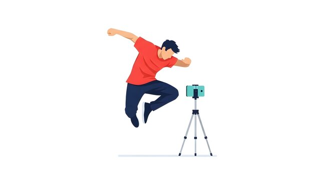 A man jumping with a 3D scanner on a tripod against a white background.