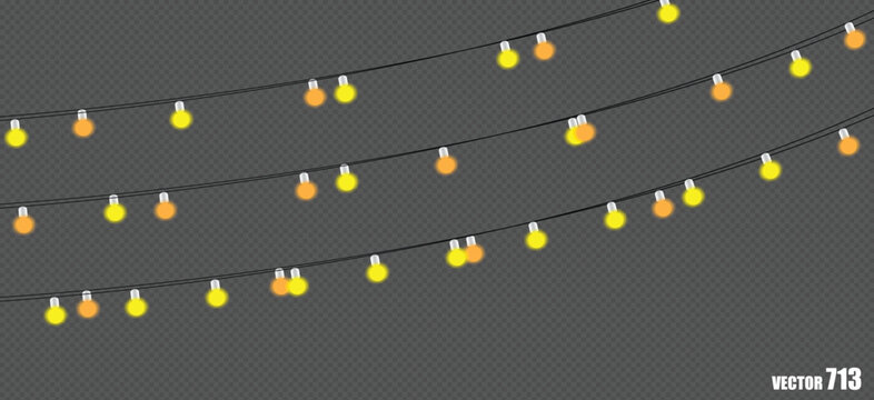 Yellow and orange light bulbs garland string isolated on dark transparent background set.