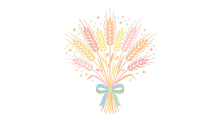 Hand-drawn wheat stalk bouquet tied with a blue ribbon. © adakami.art