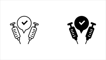 Minimal black outline icon featuring syringes with a check mark speech bubble, symbolizing verified vaccination, medical approval, healthcare safety, and immunization confirmation. Isolated on light b © bang