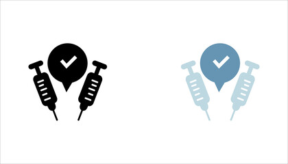 Minimal black outline icon featuring syringes with a check mark speech bubble, symbolizing verified vaccination, medical approval, healthcare safety, and immunization confirmation. Isolated on light b © bang