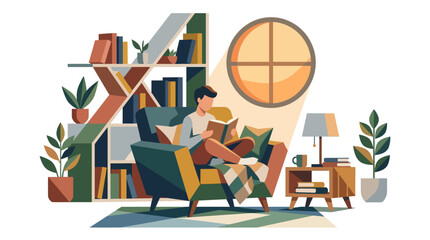 Man reading on a sofa in a modern library. © NYN_ART