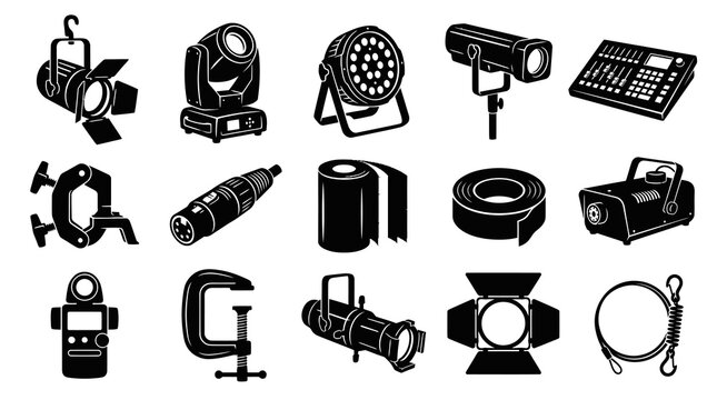 Live Event Stage Lighting and Sound Production Equipment Black  White Glyph Icons Set