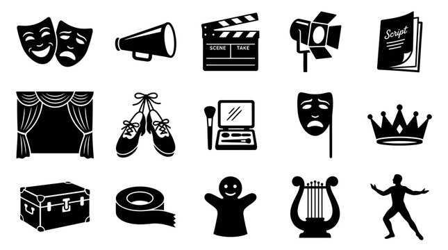 Performing Arts  Theatre Glyph Icons Set: Film, Stage, Acting, Entertainment Symbols Collection