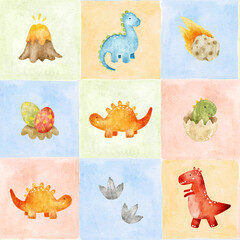 Watercolor dinosaur tile pattern with volcano, eggs, footprints and prehistoric characters arranged in a colorful square layout. Suitable for nursery fabric, bedding, apparel and educational products. © Evgeniia