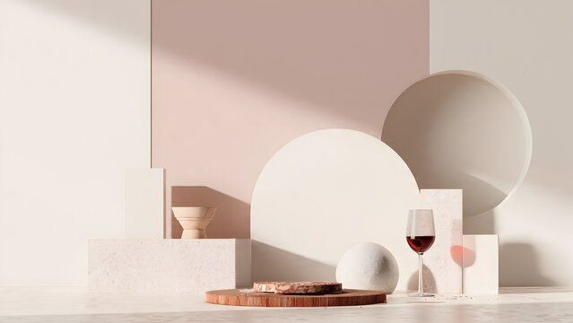 Minimalist studio display with red wine glass for festive celebration