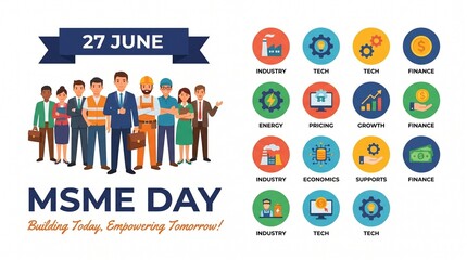 Fototapeta premium MSME Day celebration vector set, Micro Small and Medium Enterprises icons, business growth and entrepreneurship illustrations for 27 June