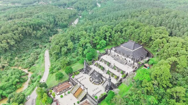 Mausoleum of Emperor Tu Duc, Hue, Vietnam &ndash; 4K Aerial Drone Footage of Royal Tomb, Ancient Architecture, Pine Forest, Temple Complex, Moat and Heritage Landscape. 