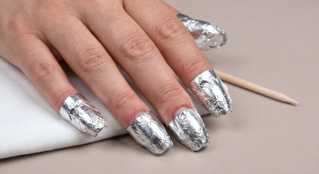 Gel nail removal process with acetone foil wraps on female hand, close-up nail care how-to concept for nail product brands and beauty tutorial editorial, detail photography
