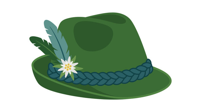Traditional green Bavarian alpine hat with feather and flower.