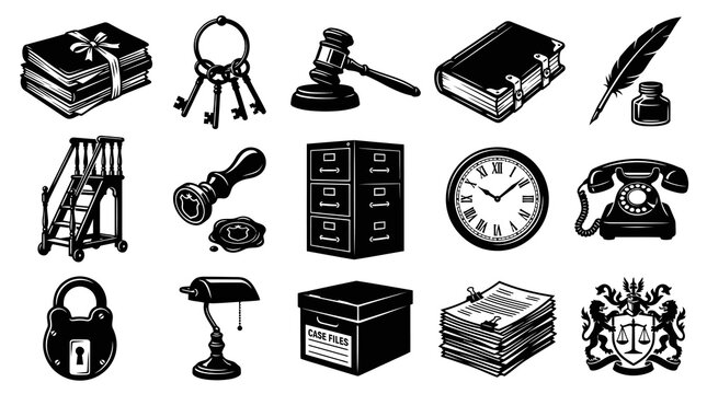 Vintage Legal Icons - Black and White Line Art Icons for Law and Justice