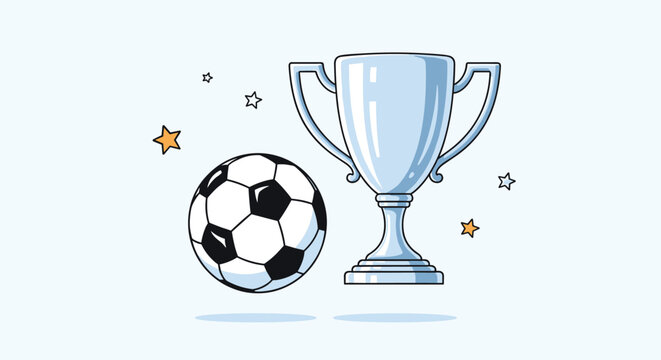 Soccer ball next to a shiny silver championship trophy cup with stars symbolizes victory, sport achievement, and tournament win.