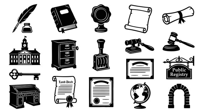 Black  White Legal and Justice Glyph Icons Set: Courthouse, Gavel, Document, Archive Symbols