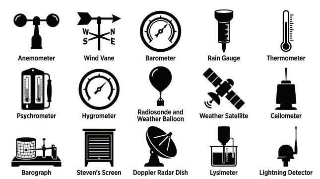 Weather Instruments Icons: Anemometer, Barometer, Thermometer, Satellite - Glyph Style