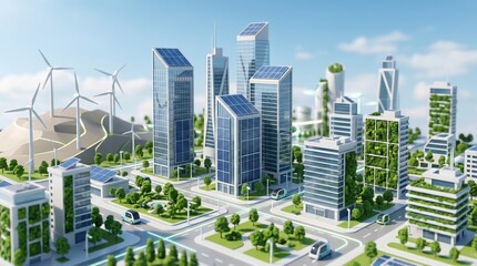Fototapeta premium Futuristic green city with skyscrapers featuring solar panels, wind turbines, electric vehicles, vertical gardens, smart urban planning, sustainable architecture