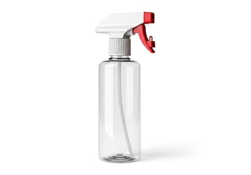 Empty transparent plastic spray bottle with red trigger isolated on white background