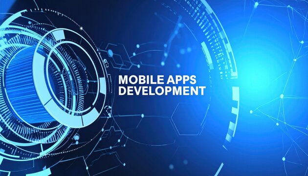 Mobile Apps Development text on a blue abstract digital background with glowing tech elements, representing innovation and technology.