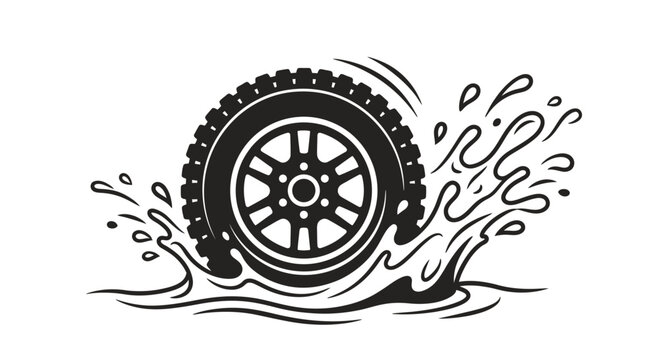 A black and white illustration of an off-road vehicle tire splashing through water.