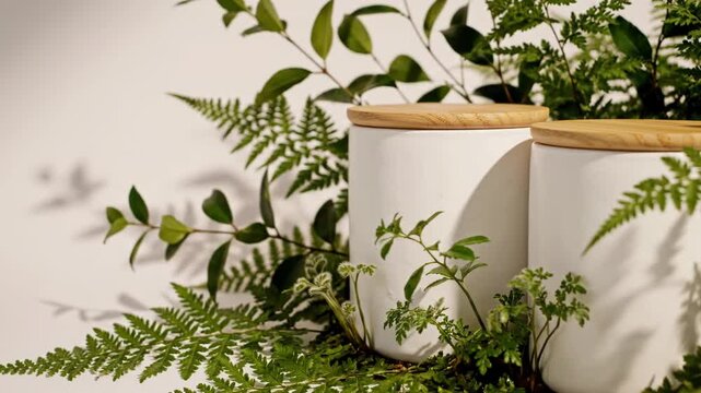 Two white cylindrical ceramic jars with wooden lids among green fern leaves and botanical branches against a white background with soft natural lighting and realistic shadows.