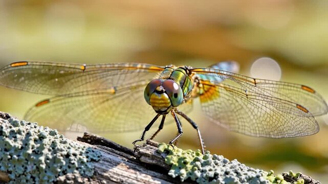Macro of dragonfly with transparent wings perched on lichen branch in golden sunlight