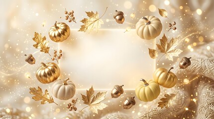 Obraz premium Golden autumn leaves and acorns scattered on soft white fabric abstract background