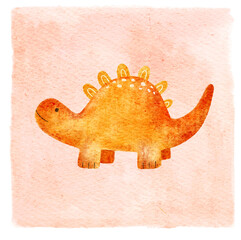 Watercolor stegosaurus card with friendly prehistoric character. Hand painted square illustration for nursery decor, classroom materials, party stationery and educational products. Pink tile © Evgeniia