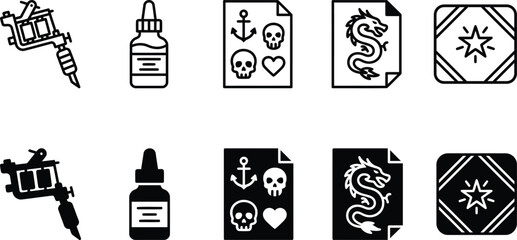 Fototapeta premium Bold Tattoo Flash Sheet and Studio Equipment Vector Icon Set for Body Art