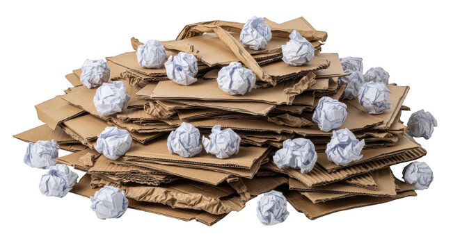 Stack of cardboard sheets and crumpled paper balls isolated on transparent background