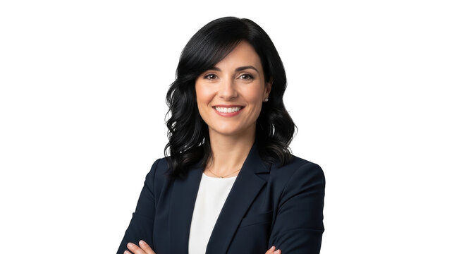 Professional woman in a dark suit smiling at the camera isolated on transparent background