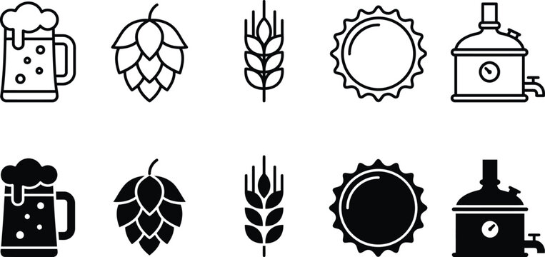 Craft Beer Brewing Vector Icon Set for Brewery and Beverage Branding