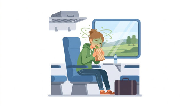 A young woman feeling nauseous and unwell while traveling on a train, holding her stomach with a green swirling effect indicating motion sickness against a window view