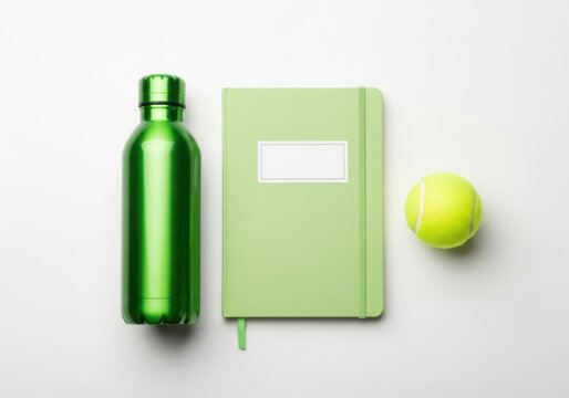 A green metal water bottle, a light green notebook with a blank label, and a tennis ball arranged on a clean white background