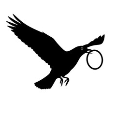 Obraz premium Black crow bird flying and carrying a gold ring isolated on transparent background