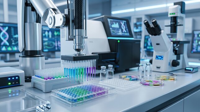 Robotic arm pipetting colorful DNA samples in modern biotech lab, automation science research, genetic testing equipment, high tech medical innovation