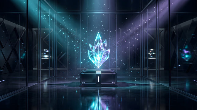 Mysterious Crystal Exhibit: A glowing, faceted crystal rests on a pedestal in a modern, dimly lit exhibition hall, surrounded by glass cases and shimmering particles.