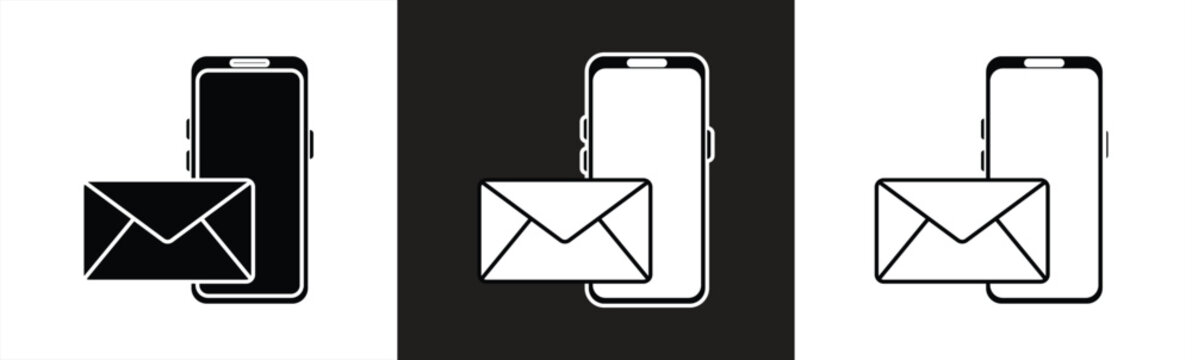 Smartphone icon set with messages, symbols for mobile notifications, messaging, email, mobile communications, and digital communications. Vector illustration.