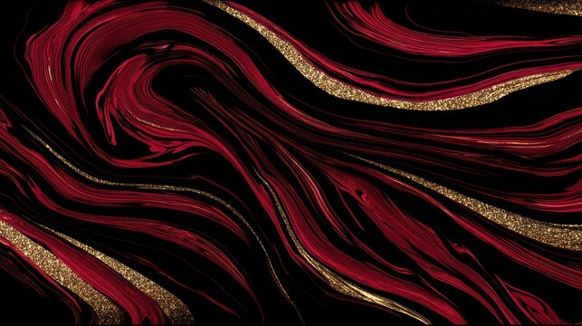 Fluid curves of deep crimson and glittering gold flow across a dark background.