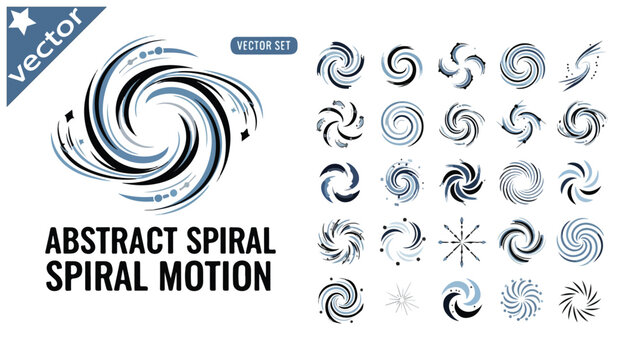 Abstract spiral motion vector set, dynamic swirling vortex icons, blue and black circular rotation symbols, 25 geometric spiral elements for logo design
