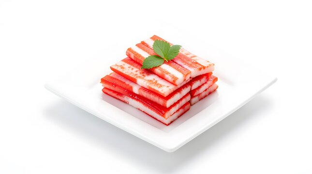 Multi-layered slices of red meat arranged on a white plate with fresh parsley garnish.
