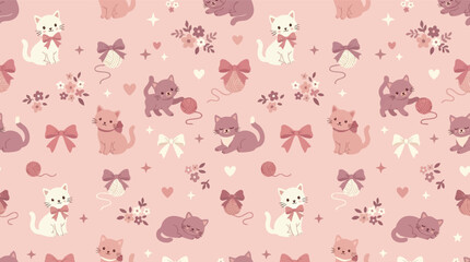 Charming seamless pattern with adorable cartoon kittens, elegant bows, and sweet floral motifs on a soft pastel pink background, ideal for fabric or decor © Rheyna