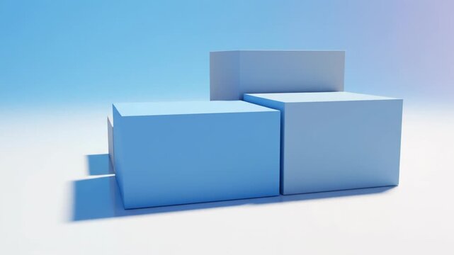 Minimalist 3D rendering of blue and white geometric cuboid shapes arranged as display podiums on a clean white background with soft studio lighting and shadows for product showcase.