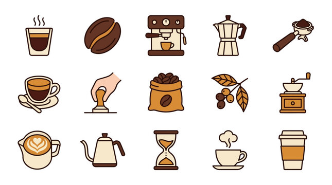 Coffee brewing tools and beans in a flat design layout