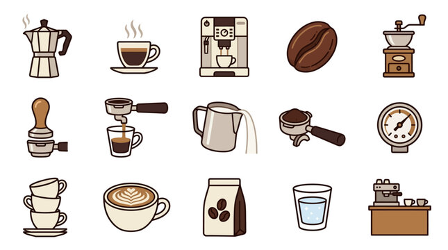 Coffee brewing tools and beverages in a flat layout