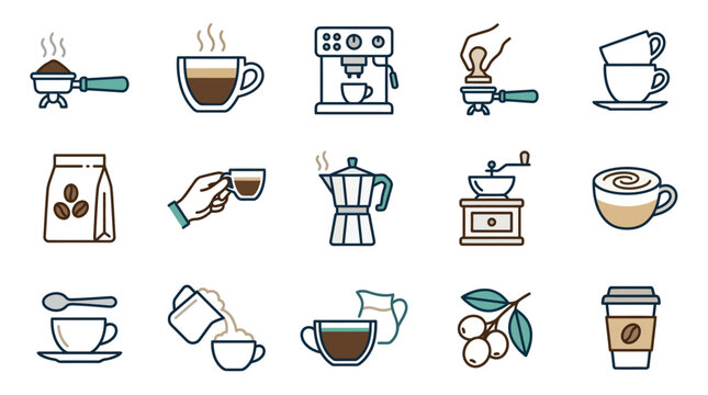 Coffee preparation and brewing icons on white background