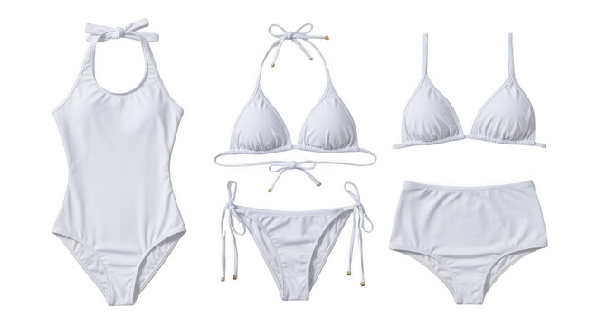 Set of white women swimsuits and bikinis for summer isolated on transparent background