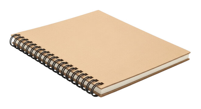 Spiral bound notebook with brown kraft paper cover isolated on transparent background